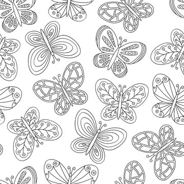 Seamless pattern with abstract hand-drawn butterflies, coloring page
