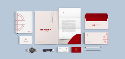 Medical cross lines logo corporate branding on red background. Corporate identity for medical firm and hospital. Health care company vector template. Realistic top view mock up mega pack. - obrazy, fototapety, plakaty