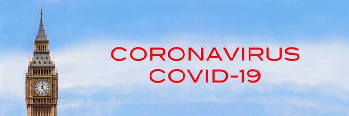 Fototapeta na wymiar Big Ben, London, England Panorama Web Banner With Coronavirus COVID-19 Text