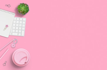 Flat layout of workplace. Succulent, cup of coffee and empty notepad on pink background