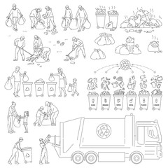 Set sorting and recycling waste. People volunteers clean environment from trash. Vector black white sketch illustration of solving environmental problems.