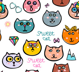 Fototapeta premium Seamless pattern with funny kittens and cat unicorn. Pattern for children fabrics.