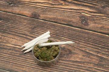 Marijuana cannabis Medicinal, weed joint In a glass container, drugs.