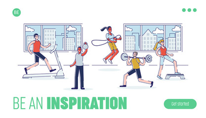 Trainings In Gym Concept. Website Landing Page. Group Of People Are Training In The Gym. Characters Are Lifting Weight And Doing Exercises. Web Page Cartoon Linear Outline Flat Vector Illustration