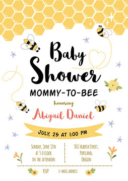 Bee Baby Shower Invitation Template. Honoring Mommy To Bee, Honey. Sweet Card With Honeycomb Background