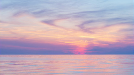 Naklejka na ściany i meble Pink sunset on the sea. Twilight Dusk. Beautiful clouds over the calm sea.
