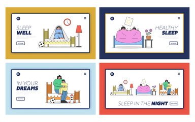 Website Landing Page. Kids Are Waking Up Of Nightmare And Sit Under The Blanket. Mother Is Calming Children Because Of Bad Dreams. Set Of Web Pages Cartoon Linear Outline Flat Vector Illustrations