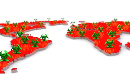 3D world map with biohazard signs.