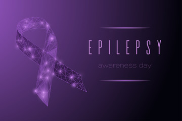 World epilepsy day concept with low polygonal ribbon. Bright Purple awareness ribbon on dark gradient background. - Powered by Adobe