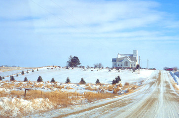 Country church winter fields Iowa.