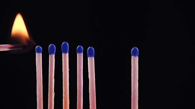Coronavirus outbreak, social distancing concept. The matches are fired from each other. Concept: stop spreading virus, domino effect. COVID-2019. isolated burning matches