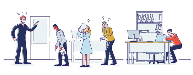 Concept Of Office Work And Staff. Young Angry Boss Is Shouting At Employees In The Office. Employer Has Flipped Out Because Of Failure Deadline. Cartoon Linear Outline Flat Style. Vector Illustration