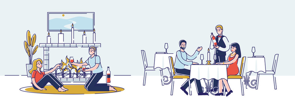 Concept Of Romantic Dinner. Young Happy Couples Have Dinner In Restaurant And At Fireplace At Home. People Spend Unforgettable Time Together. Cartoon Linear Outline Flat Style. Vector Illustration