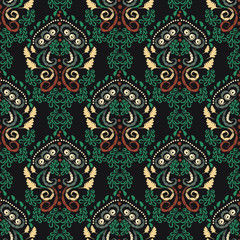 Seamless floral damask pattern, multi- colored green and blue ornament on a dark background in vector. Fabric, Wallpaper