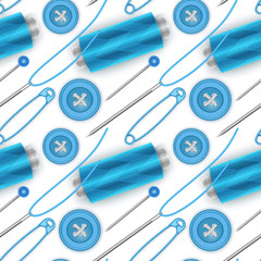 Seamless pattern with Blue thread, Blue buttons, needle and pin for clothes, bright color texture, perfect for textile, Wallpaper, packaging, web pages, etc. Vector EPS 10 Illustration