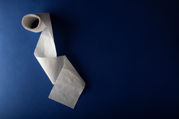 Circle of toilet paper on a blue background top view. The concept of deficit and crisis. The Chinese outbreak of coronavirus. Horizontal orientation. The view from the top. Copy space. Space for text