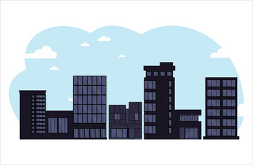 Black business centers buildings and modern city houses.City illustration.Towers and buildings on the sky background. Flat cartoon design isolated on white background.Colorful vector illustration.