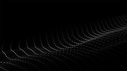 Vector abstract technology background. Digital dynamic wave with dots and lines on dark background.