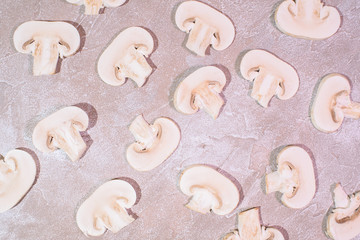 Delicious, healthy chopped champignons. Beautiful background. Healthy food.