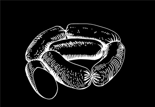 Graphical hand-drawn sausages isolated on black background, vector engraved illustration