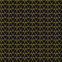 Golden abstract geometric triangle ornate seamless pattern isolated on black background