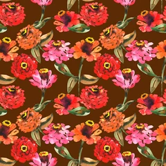 Fototapeten Watercolor seamless pattern with summer flowers zinnia, botanical painting on a dark background, hand drawn, stock illustration. Fabric wallpaper print texture. © Maya