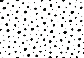 Seamless polka dot pattern, classic graphic design of little black asymmetric pea or spots on white. Trendy texture for fabrics and print. Vector illustration