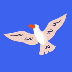 Flying bird in sky. Seagull. Wild animal, freedom. Summer seaside beach pool party. Flat cartoon colourful vector illustration, icon, sticker isolated on blue background.