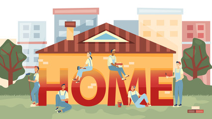Obraz premium Home Repair, Handyman home Repair Corporate Concept. People Repair Or Build New Home. Team Of Builders Are Working With Professional Tools And Build New House. Cartoon Flat Style. Vector Illustration