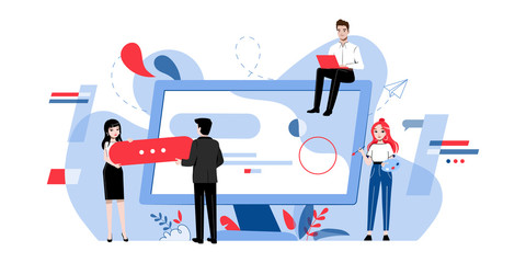 Web Design Concept. Creative Team Of People Are Making A Web Design. Teamwork Project, Web Agency Workers Are Making a New Company Project. Cartoon Linear Outline Flat Style. Vector Illustration