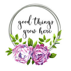Watercolor wreath with hand painted. Peony and leaves floral illustration. Rustic garden plants wedding invitation and greeting card. Text Good things grow here.