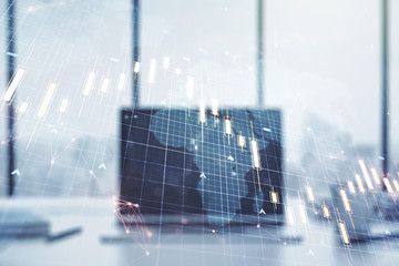 Multi exposure of abstract creative financial chart with world map on laptop background, research and analytics concept