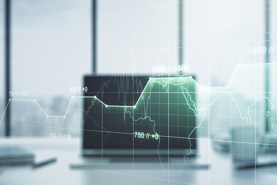 Multi exposure of creative statistics data hologram on laptop background, stats and analytics concept