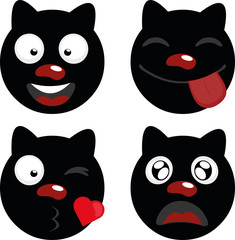 Vector emoticon illustration of a black cat with some expressions