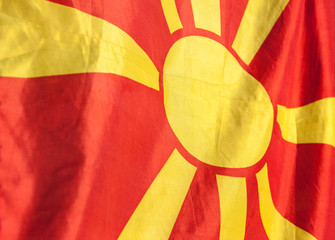 Close-up of the Macedonian flag flapping in the wind