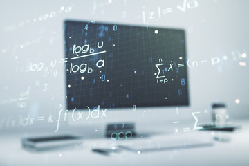 Creative scientific formula illustration on modern computer background, science and research concept. Multiexposure
