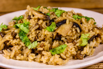 Risotto with mushrooms and paesley in a plate