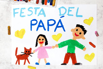 Photo of colorful drawing: Italian lanquage,  Father's day card. Happy father and his daughter.