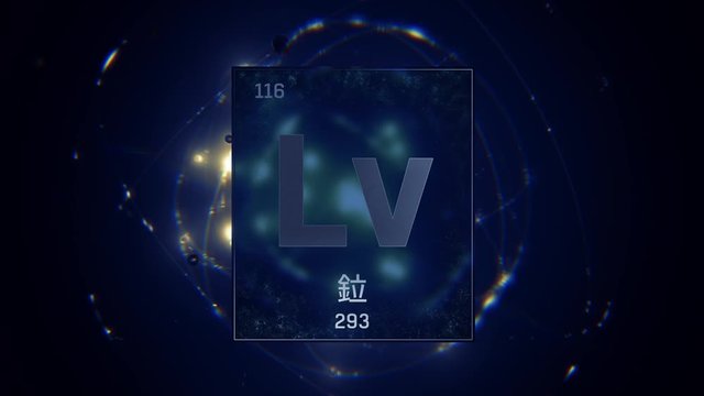 Livermorium as Element 116 of the Periodic Table. Seamlessly looping 3D animation on blue illuminated atom design background orbiting electrons name, atomic weight element number in Chinese language