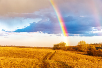 Rainbow over field and meadow, beautiful rural spring scenery.  Picturesque outdoor landscape of rainbow during sunny weather after rain.