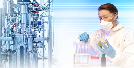 Bioreactor Production of drugs. Lab technician creates medicines. Microbiology. Medic is studying...