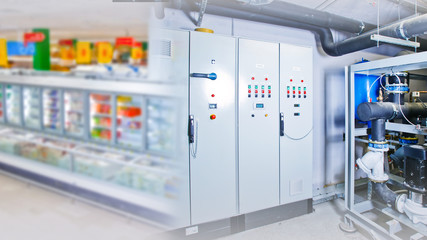 Refrigeration chamber for food storage. Industrial refrigerator at the catering facility. Equipment for cooling products. Switchboard. Cabinet to control the cooling chamber. Shelf Products