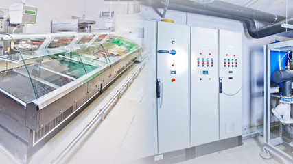 Refrigerated counters. Empty refrigerated counters. Concept - sale of refrigerated display cases. Shield for controlling refrigeration equipment. Wardrobe for setting refrigeration equipment. Motor