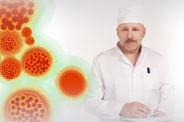Virologist. Bacterial molecules near the doctor. Concept - a doctor treats an epidemic. Nurse on a white background. Concept - a doctor studying fever. Epidemiologist in a white coat. Virus