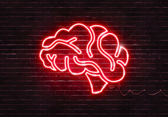 Neon sign on a brick wall in the shape of a brain.(illustration series)