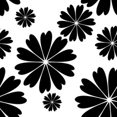 Simple vector pattern made of hand drawn sketchy flowers and leaves. Black and white floral background.