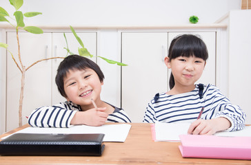 勉強をする小学生の男の子と女の子