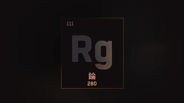 Roentgenium as Element 111 of the Periodic Table. Seamlessly looping 3D animation on grey illuminated atom design background orbiting electrons name, atomic weight element number in Chinese language