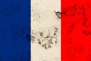 national flag of the modern state of France on an old historical wall with cracks, concept of tourism, travel, emigration, global business