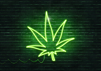 Neon sign on a brick wall in the shape of a simplified weed leaf.(illustration series)